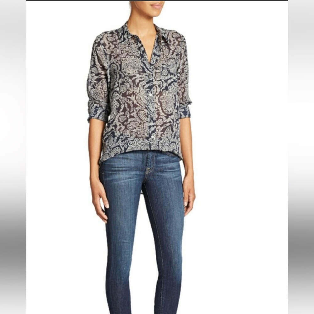 Theory Simara Paisley Silk Semi-Sheer Top Blue Women’s XS‎